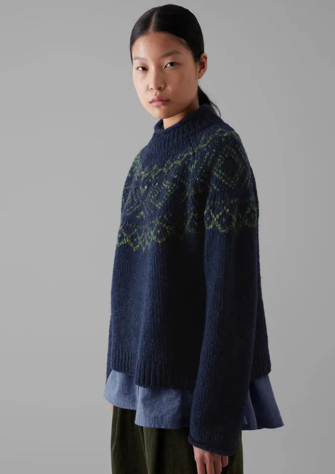 Knitwear-TOAST Graphic Yoke Sweater Navy/Green