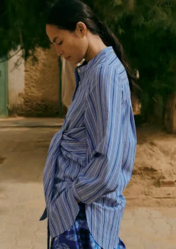 Tops & Tees-TOAST Stripe Poplin Wrap Front Shirt SodaliteBlue